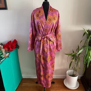 Nasty Gal Satin Tile Print Reversible Robe Womens Small Pink Maxi Coverup Lounge